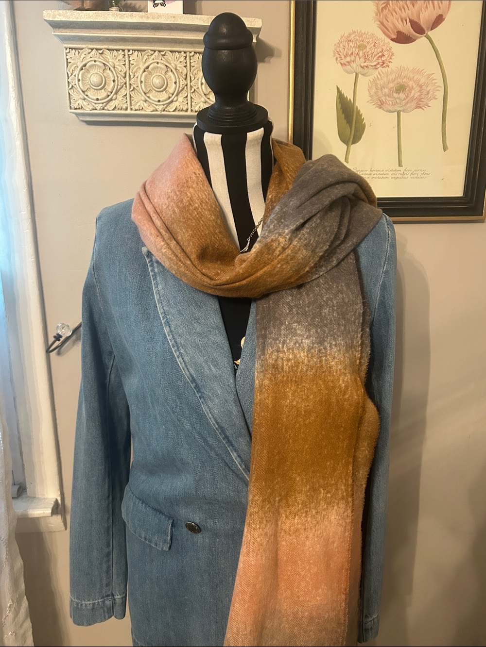 Pretty Persuasions Tan Grey Pink Scarf Long Brown Soft Cozy